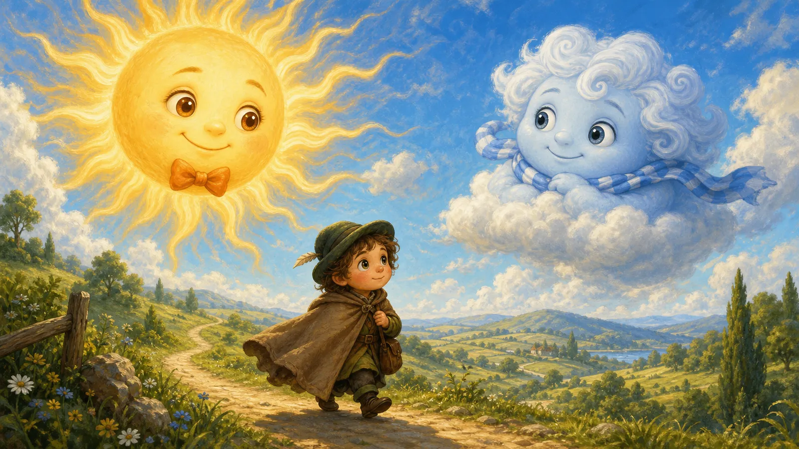 The Sun shines warmly down on a traveller walking along a winding road, while the North Wind peeks from a cloud.