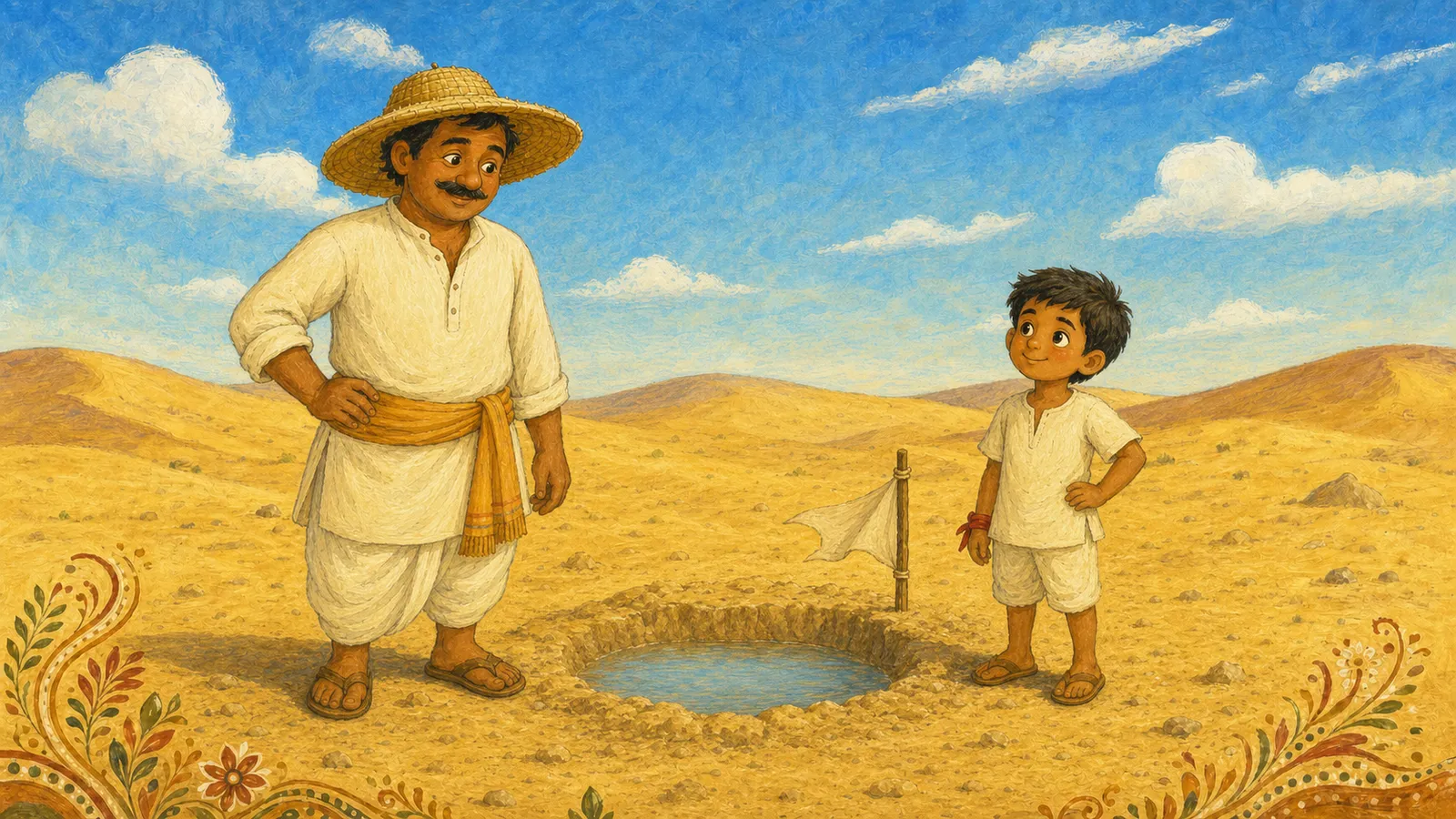 A man in a straw hat and a small boy stand on the sand beside a shallow water hollow, with a little flag planted nearby.