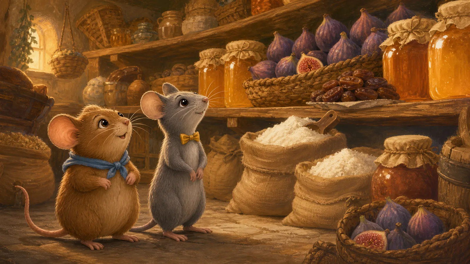 Two mice look up in wonder at shelves overflowing with food inside a cozy larder.