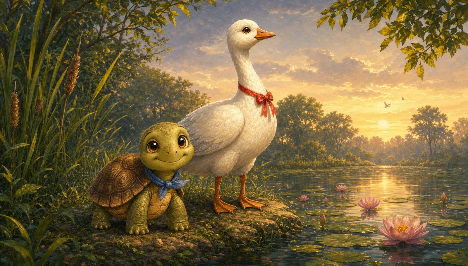 The tortoise and the freed goose rest together beside a calm evening pond.